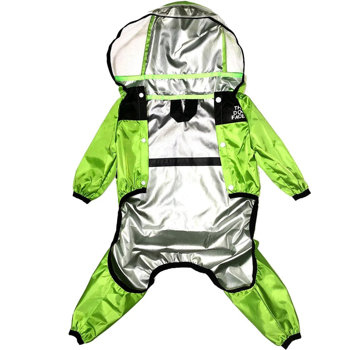 Unisex yellow hooded waterproof dog raincoat, ideal pet rain gear for all breeds.