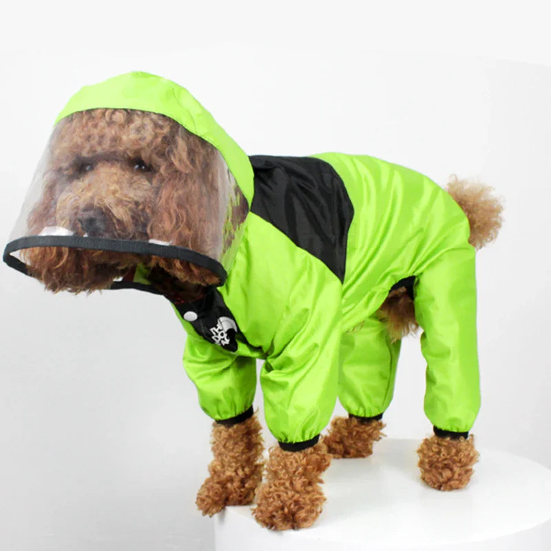 Blue waterproof pet coat with integrated hoodie, excellent dog raincoat for wet weather.
