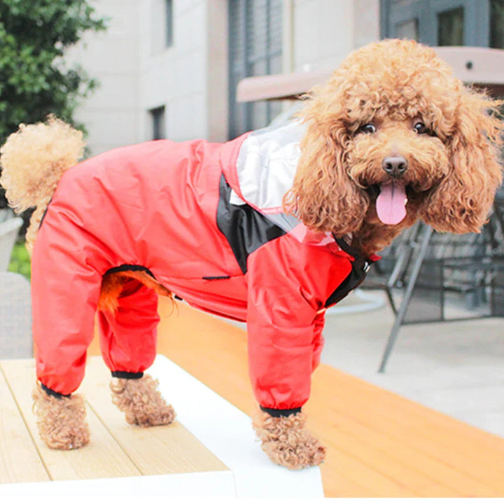 Green waterproof pet raincoat with hood, practical dog apparel & pet accessory for rainy days.