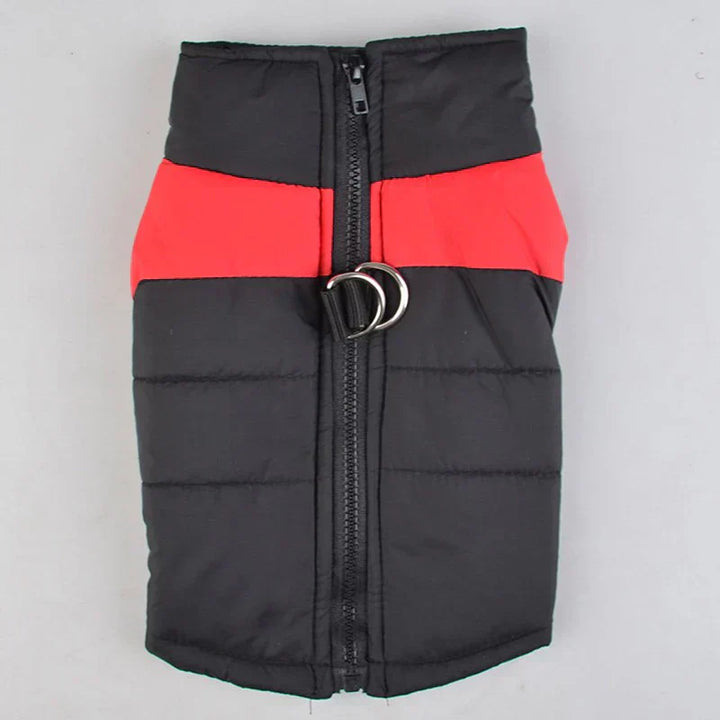 Black winter dog coat with built-in harness, providing warmth and security for pets.