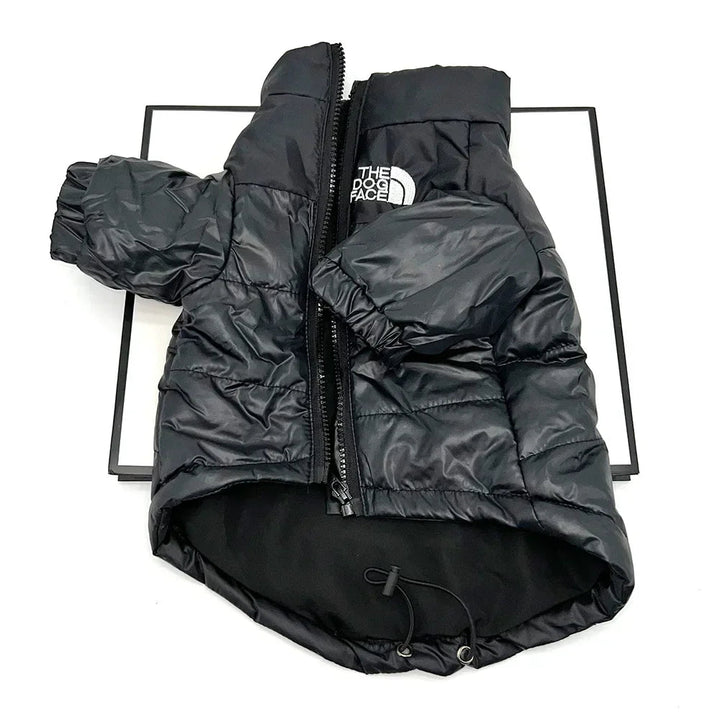 Dog winter coat with durable waterproof exterior and cozy insulated interior, side view.
