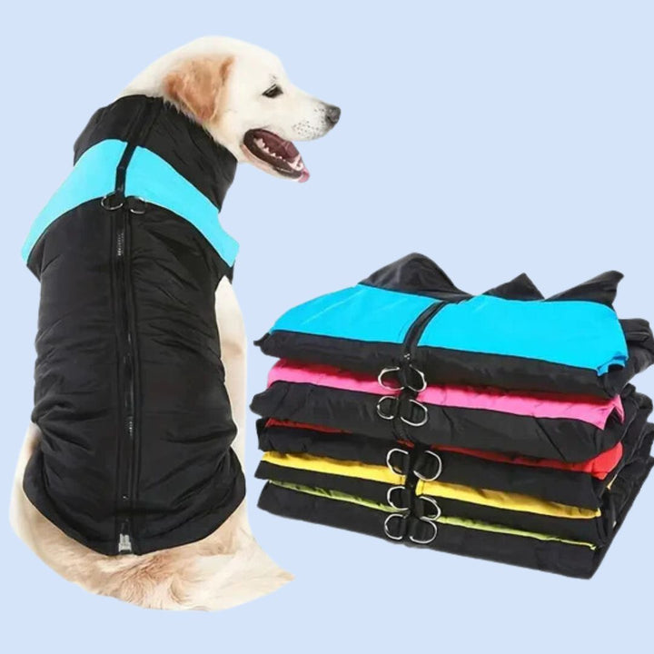 Red waterproof winter dog vest with adjustable straps for cold weather