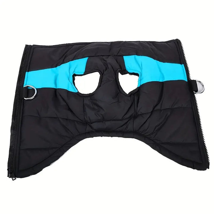 Insulated dog vest in blue, perfect for outdoor winter adventures, adjustable fit