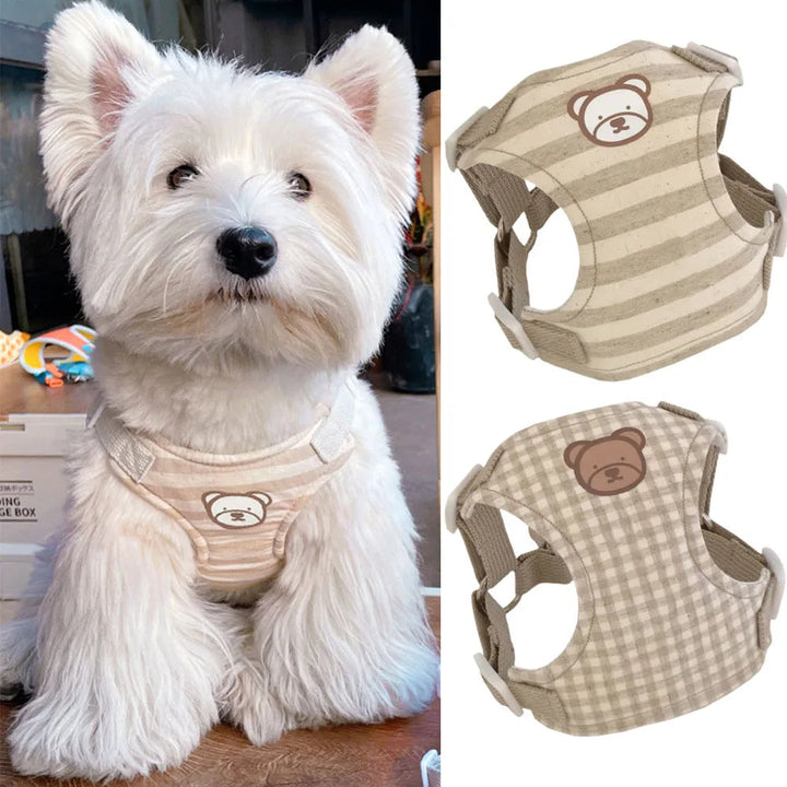 Blue plaid pet walking harness and matching leash, ideal for small breed dogs & puppies