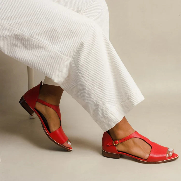 Red women's comfortable flat casual sandals with an open toe, perfect for everyday summer style.