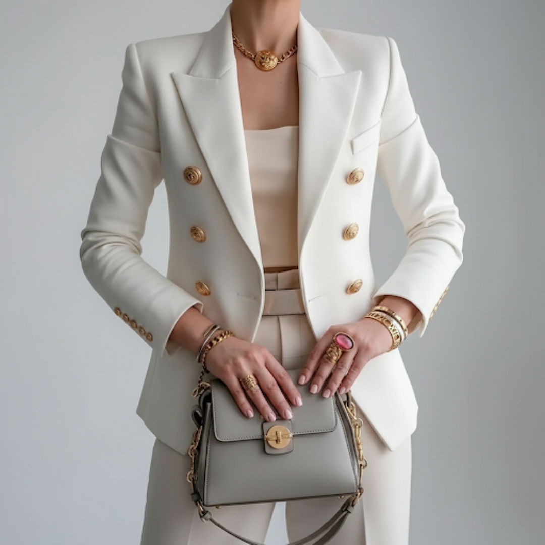 Refined women's double-breasted blazer with elegant gold buttons, perfect for professional office wear & business attire.