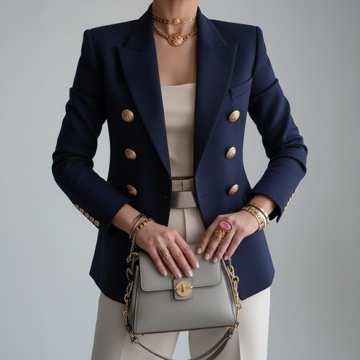 Chic women's tailored double-breasted blazer with sophisticated gold buttons for formal events & elegant business wear.
