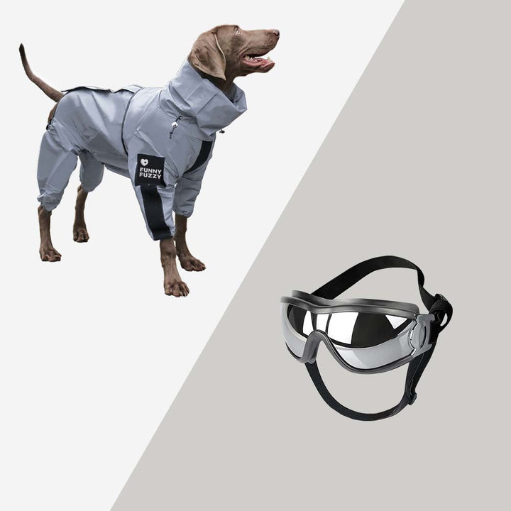 Reflective dog rain jacket with integrated hood for extra protection in harsh weather.