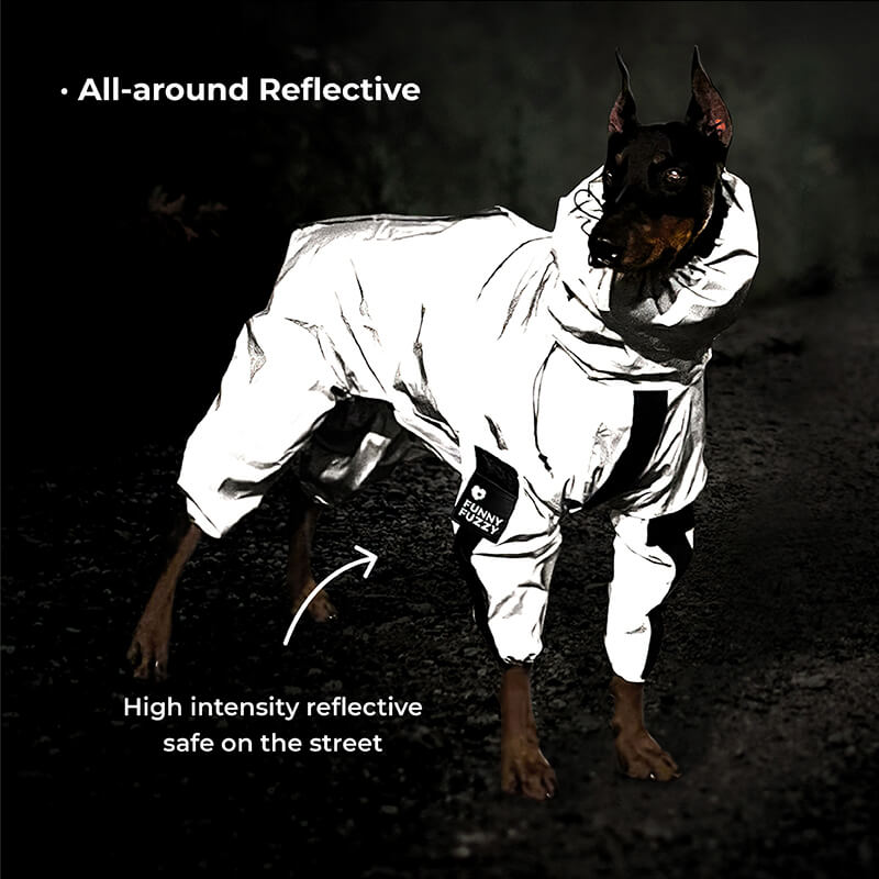 Adjustable windproof dog raincoat with reflective strips, perfect for wet weather walks.