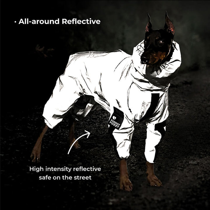 Adjustable windproof dog raincoat with reflective strips, perfect for wet weather walks.
