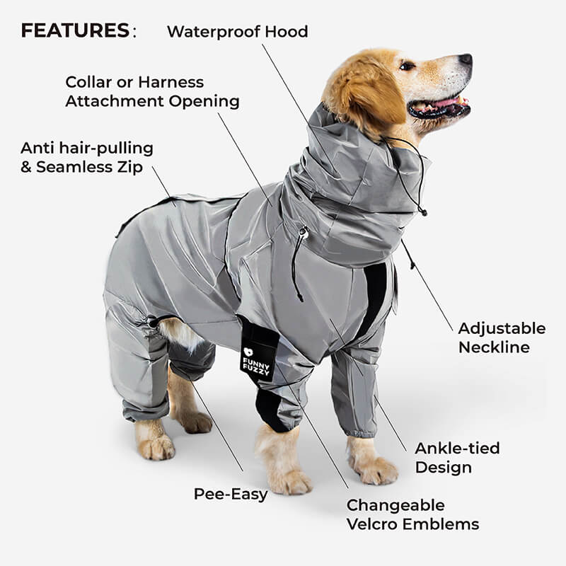 Reflective dog rain gear, a durable and washable pet apparel for outdoor adventures.