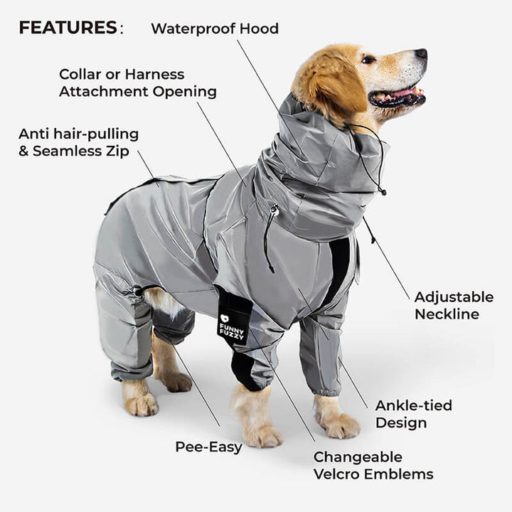 Reflective dog rain gear, a durable and washable pet apparel for outdoor adventures.