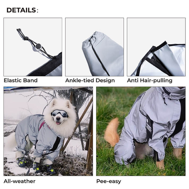 Close-up of waterproof fabric on a dog raincoat, showing reflective detailing for visibility.