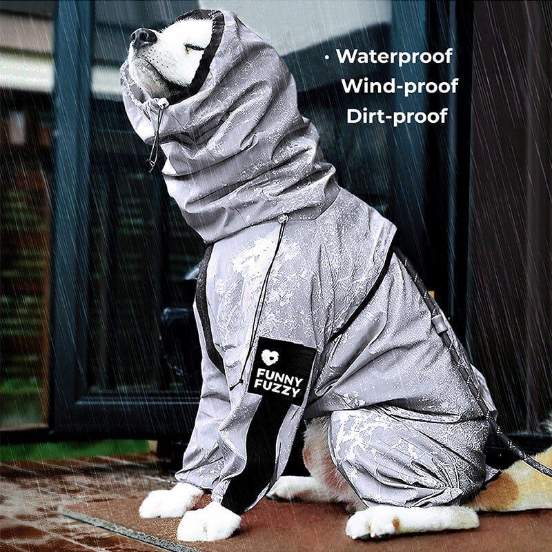 Back view of an adjustable waterproof dog coat with leash opening, suitable for all breeds.
