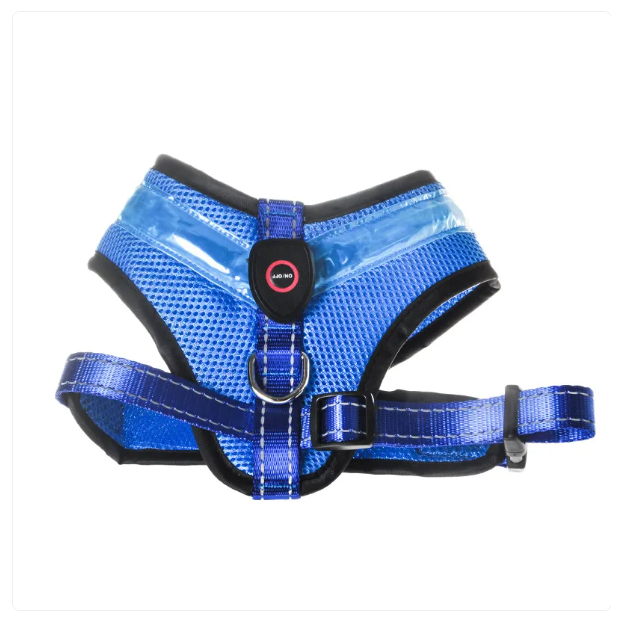 Unisex dog harness with reflective trim, designed for breathability and enhanced pet safety during walks.
