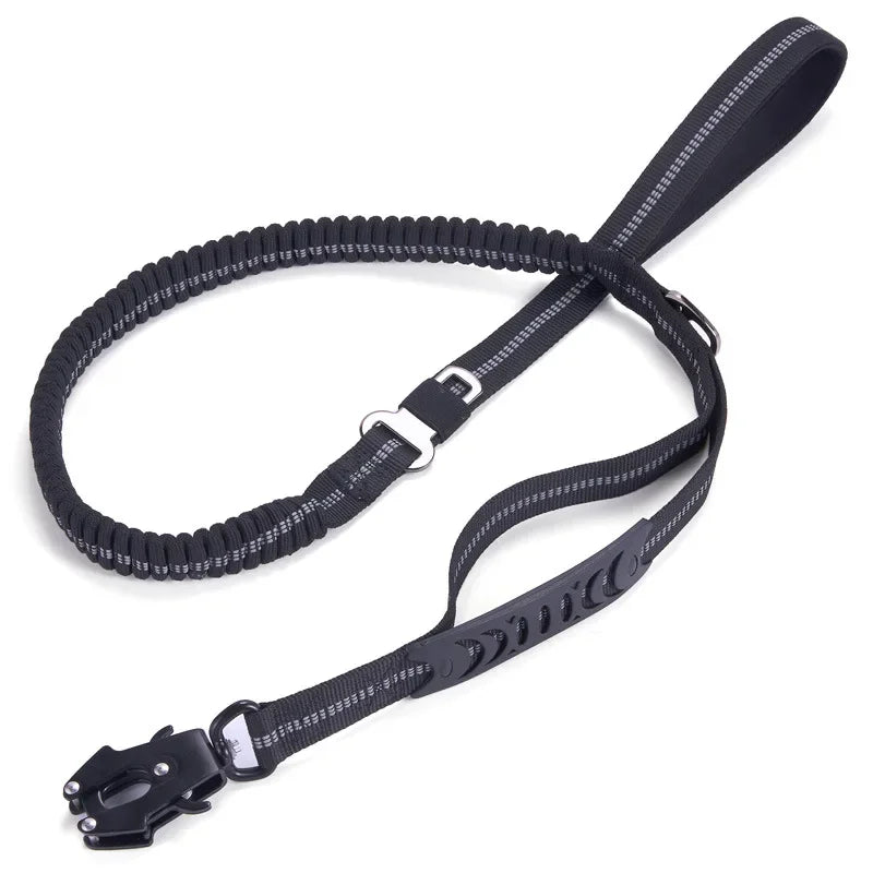 Reflective bungee dog leash for active pets, shock-absorbing black nylon for outdoor training.