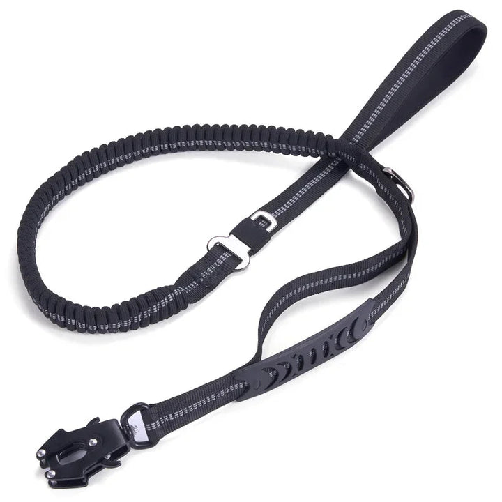 Reflective bungee dog leash for active pets, shock-absorbing black nylon for outdoor training.