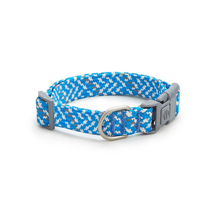 Adjustable reflective dog collar detail, highlighting the sturdy stitching and reflective strip