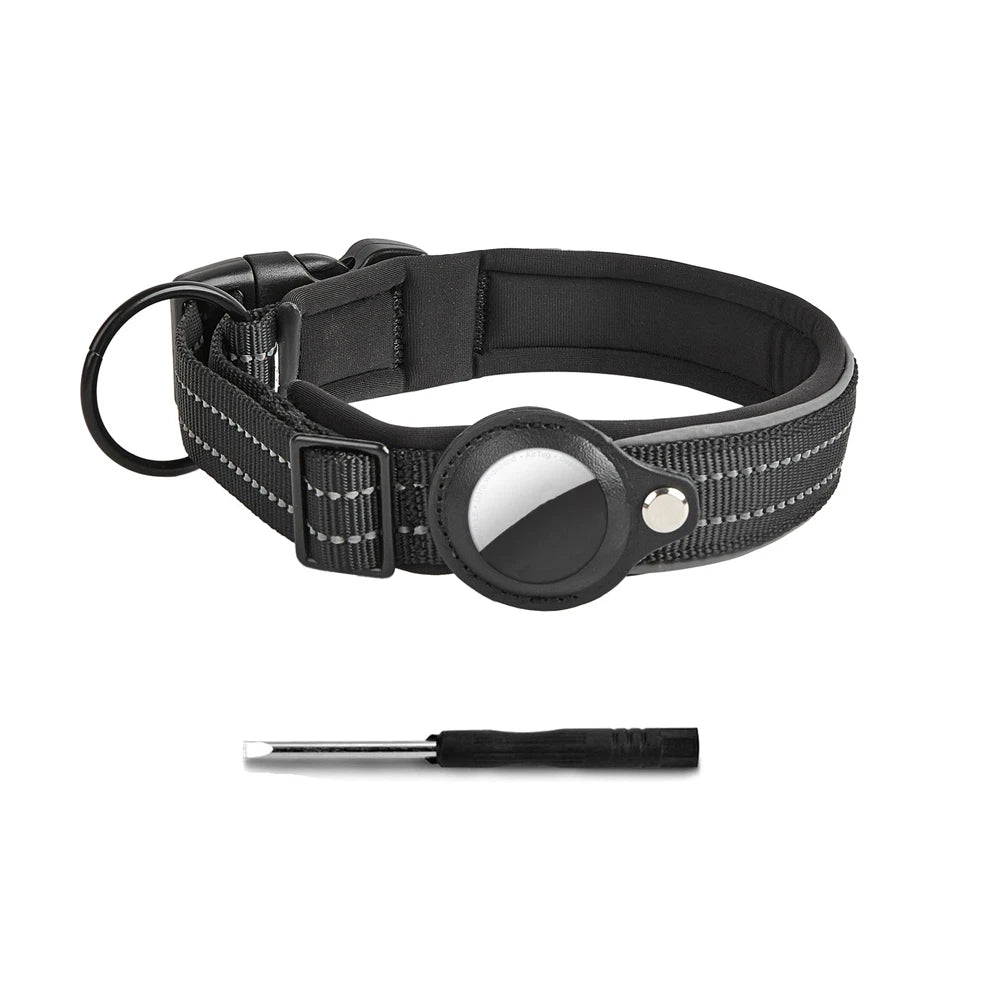 Reflective dog collar with integrated AirTag holder for enhanced pet safety during night walks.