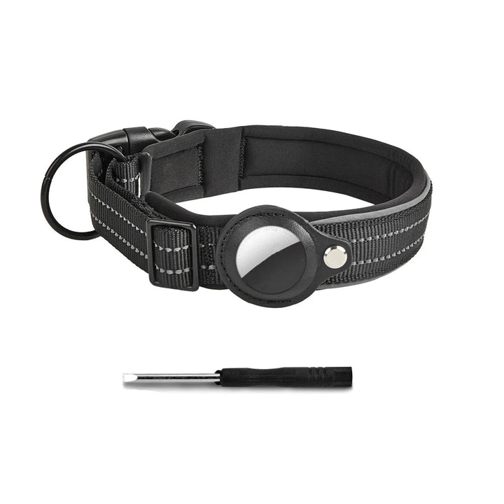 Reflective dog collar with integrated AirTag holder for enhanced pet safety during night walks.