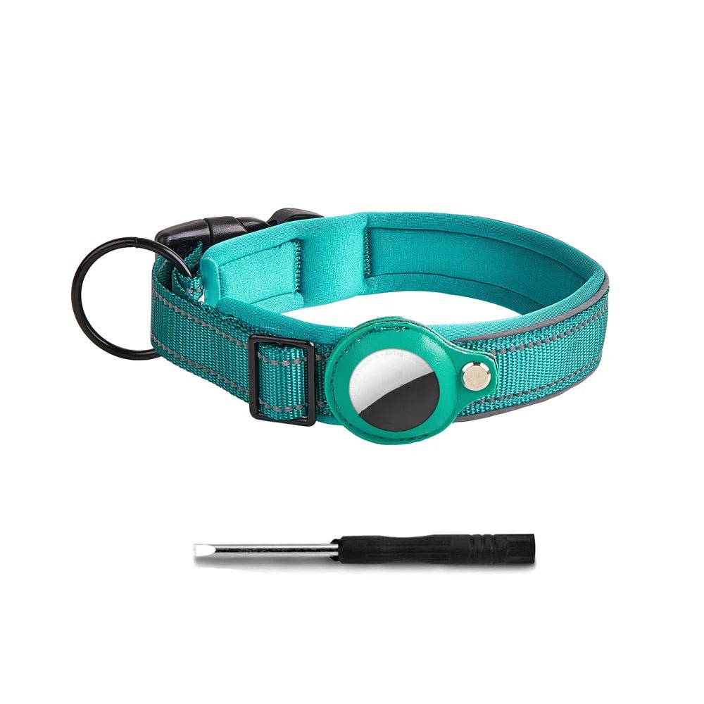 Reflective dog collar for medium to large dogs, featuring an AirTag holder and sturdy construction.