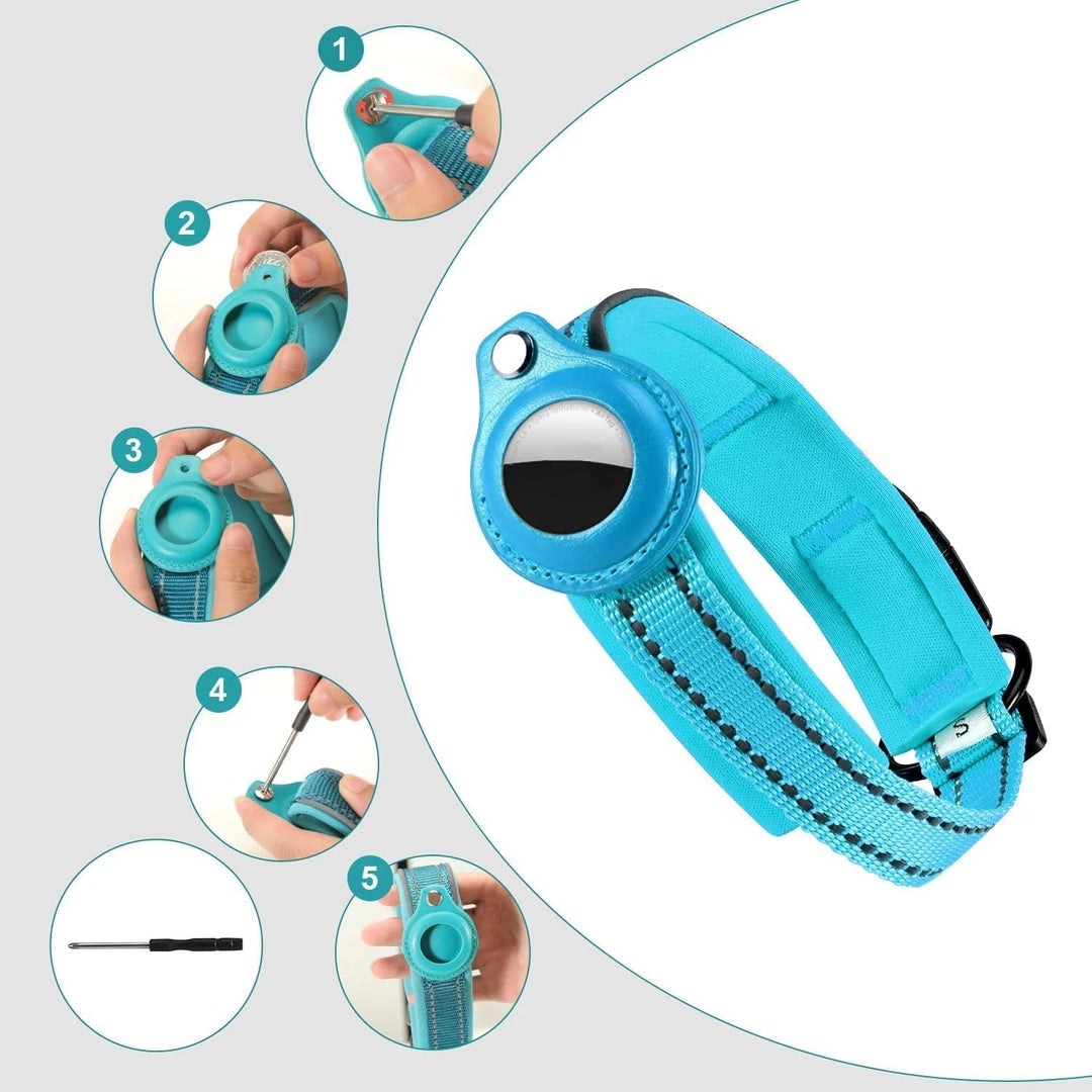 Pet safety reflective dog collar featuring a neoprene padded lining and AirTag holder.