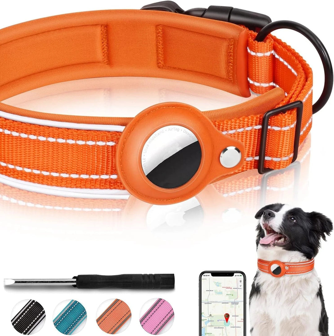 Adjustable dog collar for outdoor adventures, reflective design, and built-in AirTag slot.