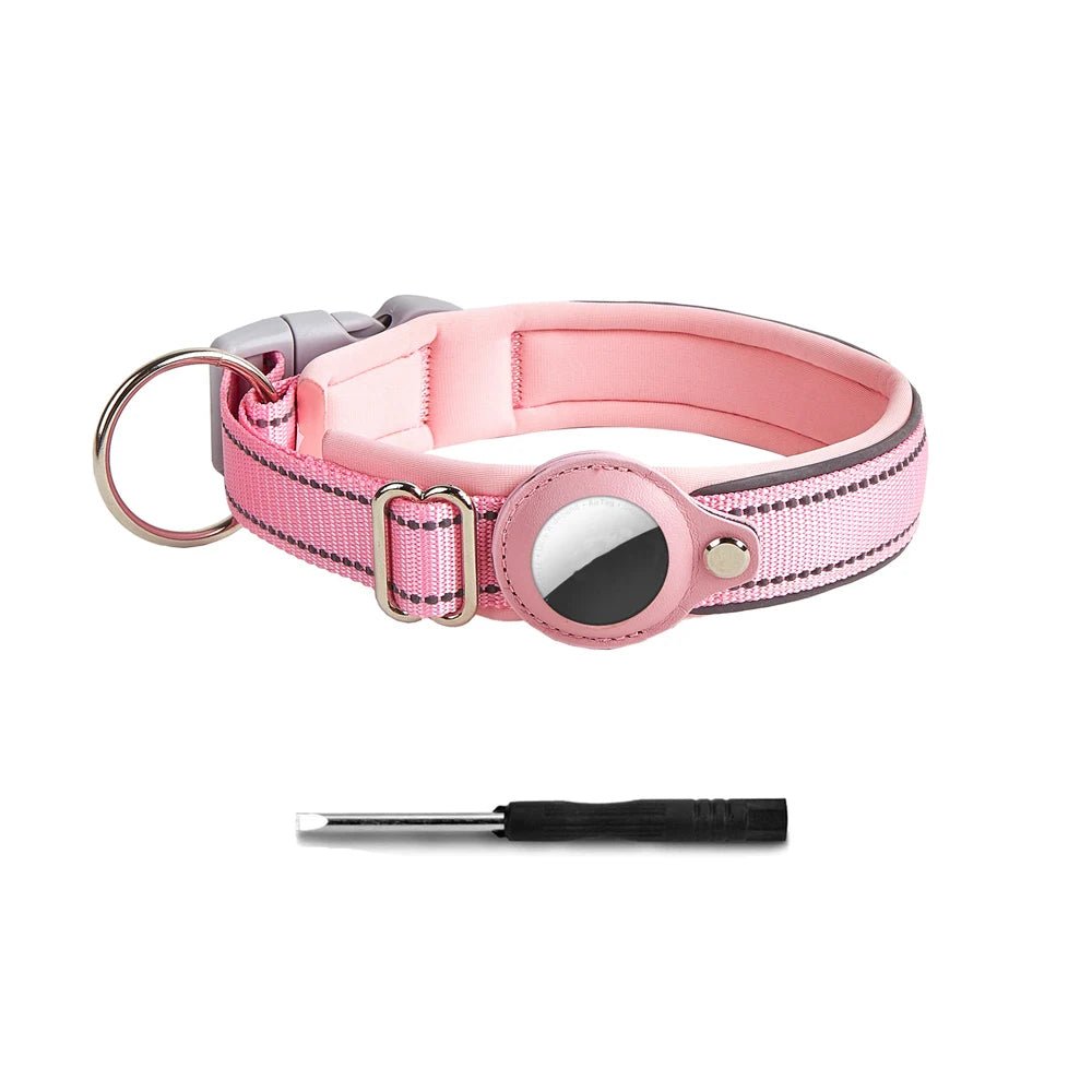 Durable dog collar with AirTag holder, reflective for visibility, ideal for active dogs.