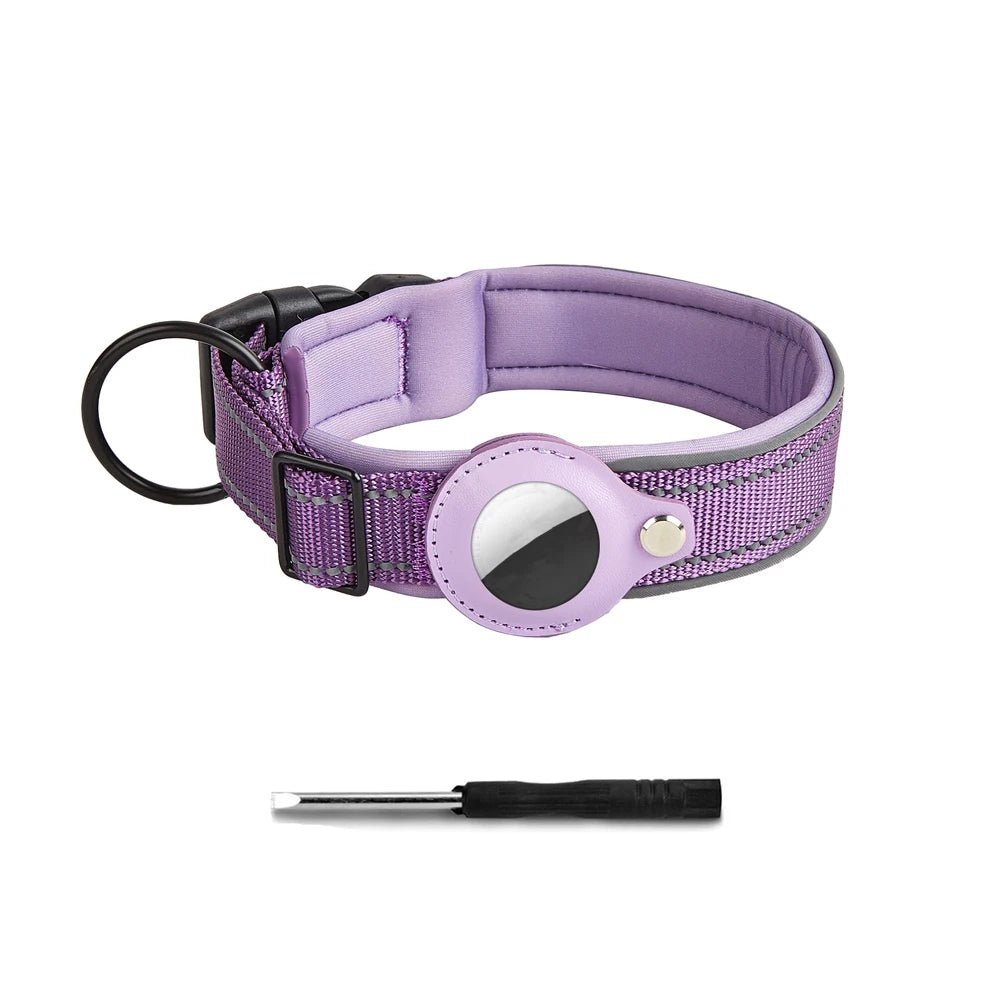 Reflective nylon dog collar with secure AirTag compartment, ensuring pet visibility and tracking.