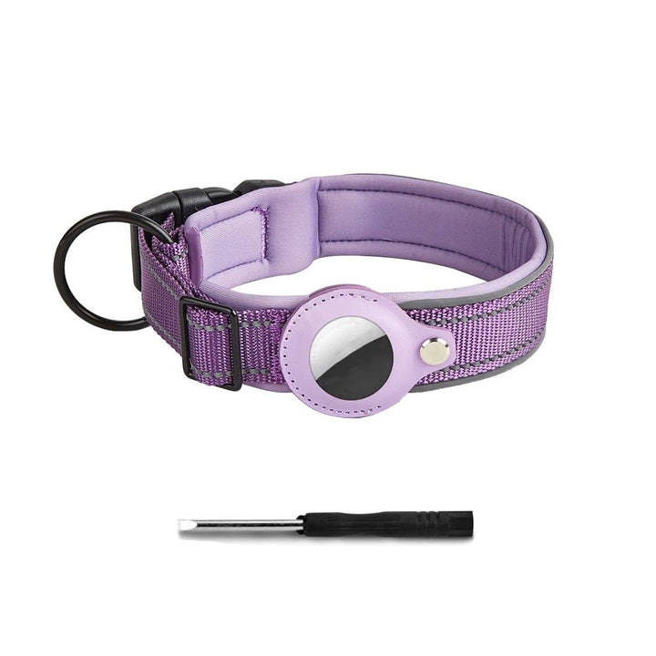 Reflective nylon dog collar with secure AirTag compartment, ensuring pet visibility and tracking.