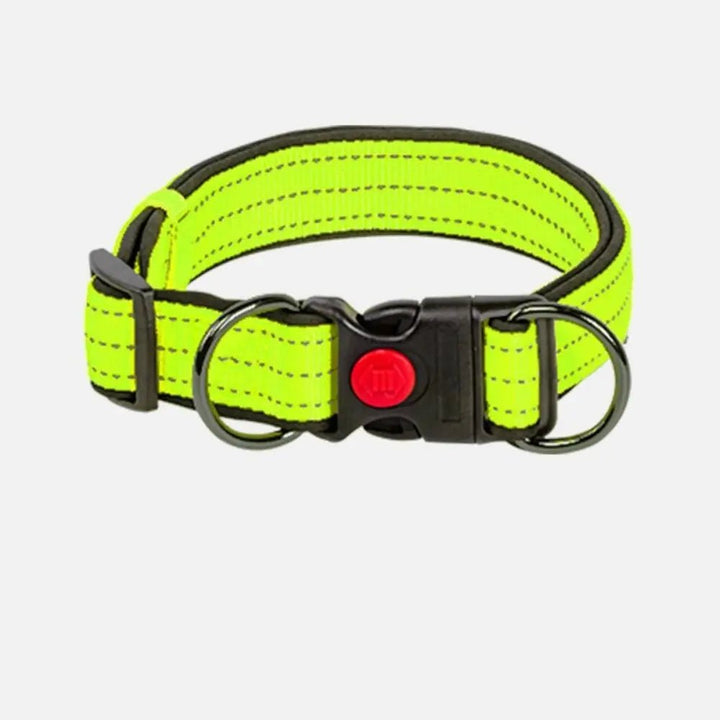 Safety reflective dog collar, weatherproof nylon, soft neoprene, ideal for dog walkers.