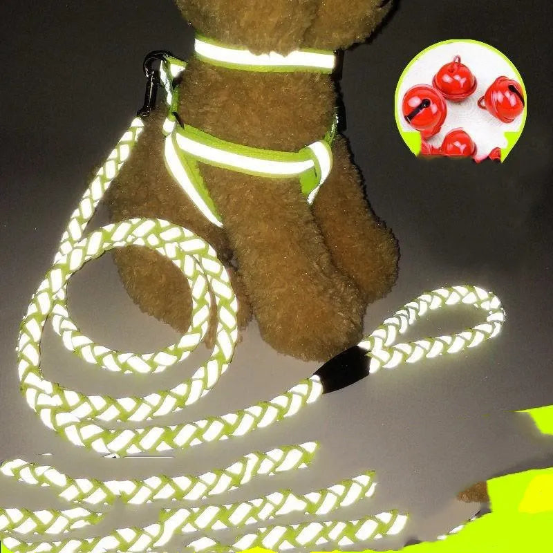 Black reflective dog harness with an adjustable design and a coordinating leash, enhancing pet safety at night.