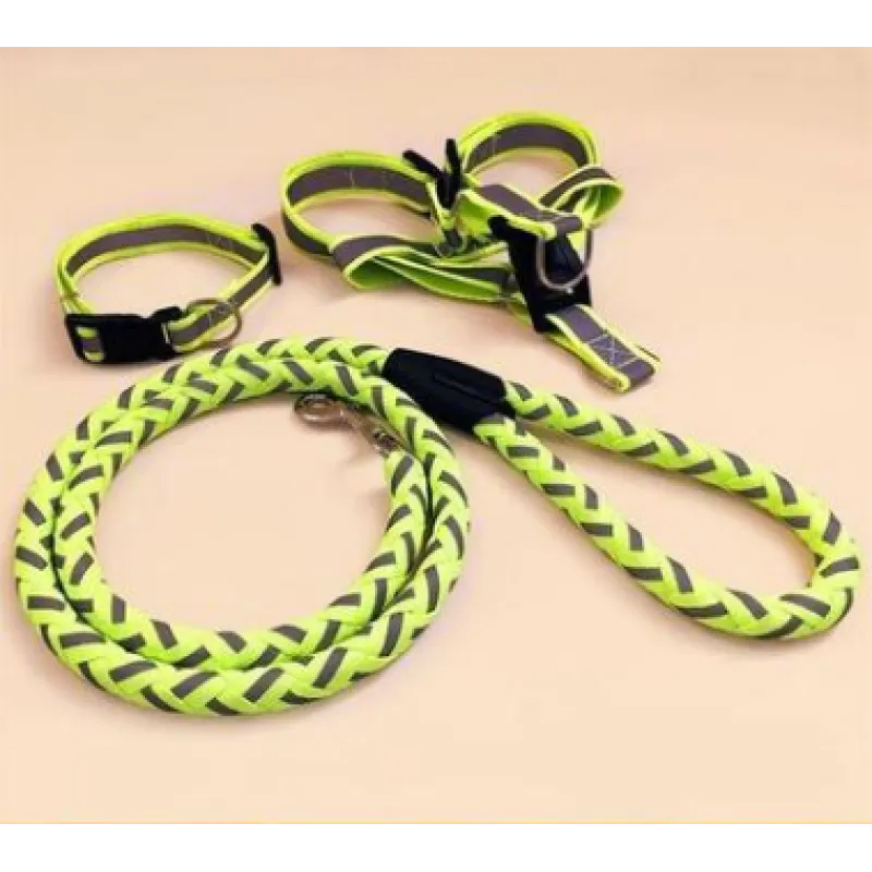 Reflective dog harness set with bright reflective strips for high visibility, ideal for safe night time dog walking.
