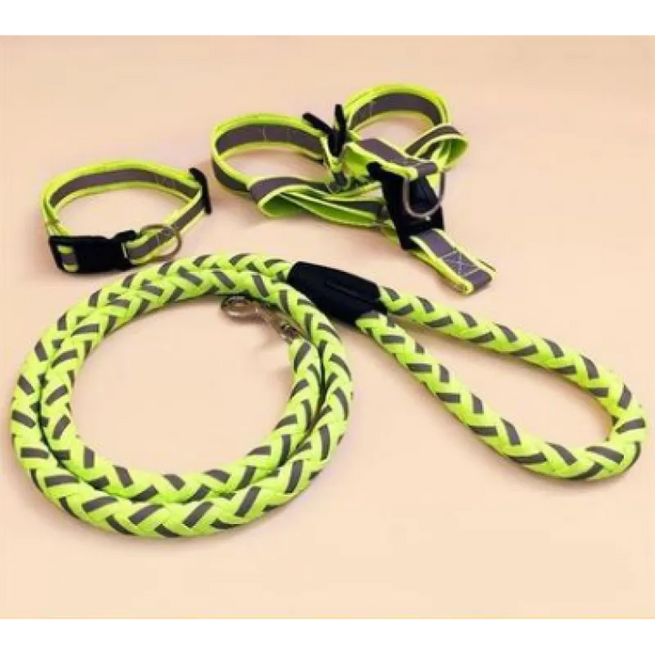 Reflective dog harness set with bright reflective strips for high visibility, ideal for safe night time dog walking.