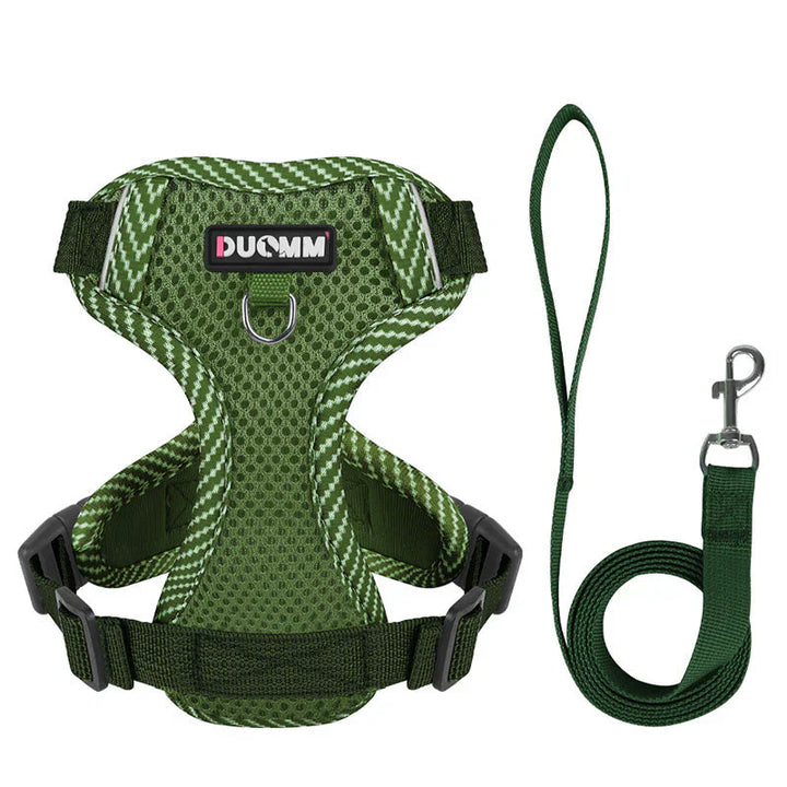 Close-up of reflective dog harness fabric, showing stitched reflective strip for night safety