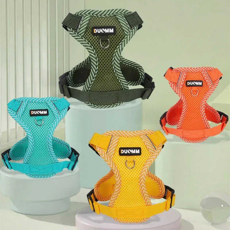 Adjustable reflective dog harness for small breeds, ensuring a snug and secure fit