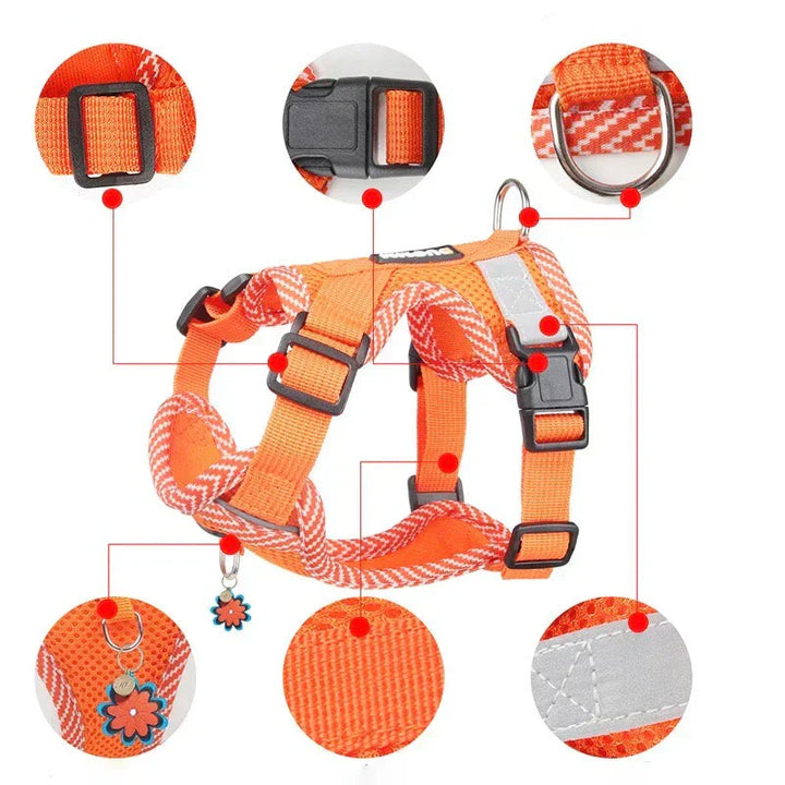 Safety dog harness for small pets, reflective material for visibility during low light conditions