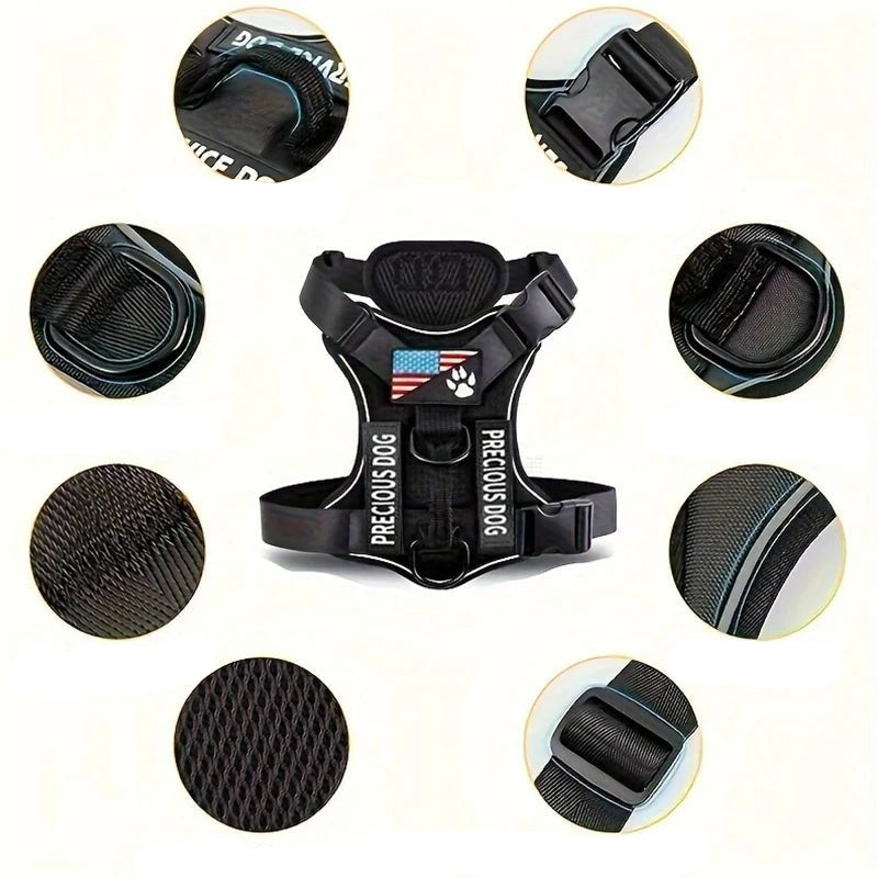 Close-up of reflective stitching on a heavy-duty dog harness, safety pet vest for night walks