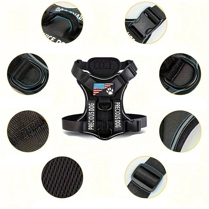 Close-up of reflective stitching on a heavy-duty dog harness, safety pet vest for night walks