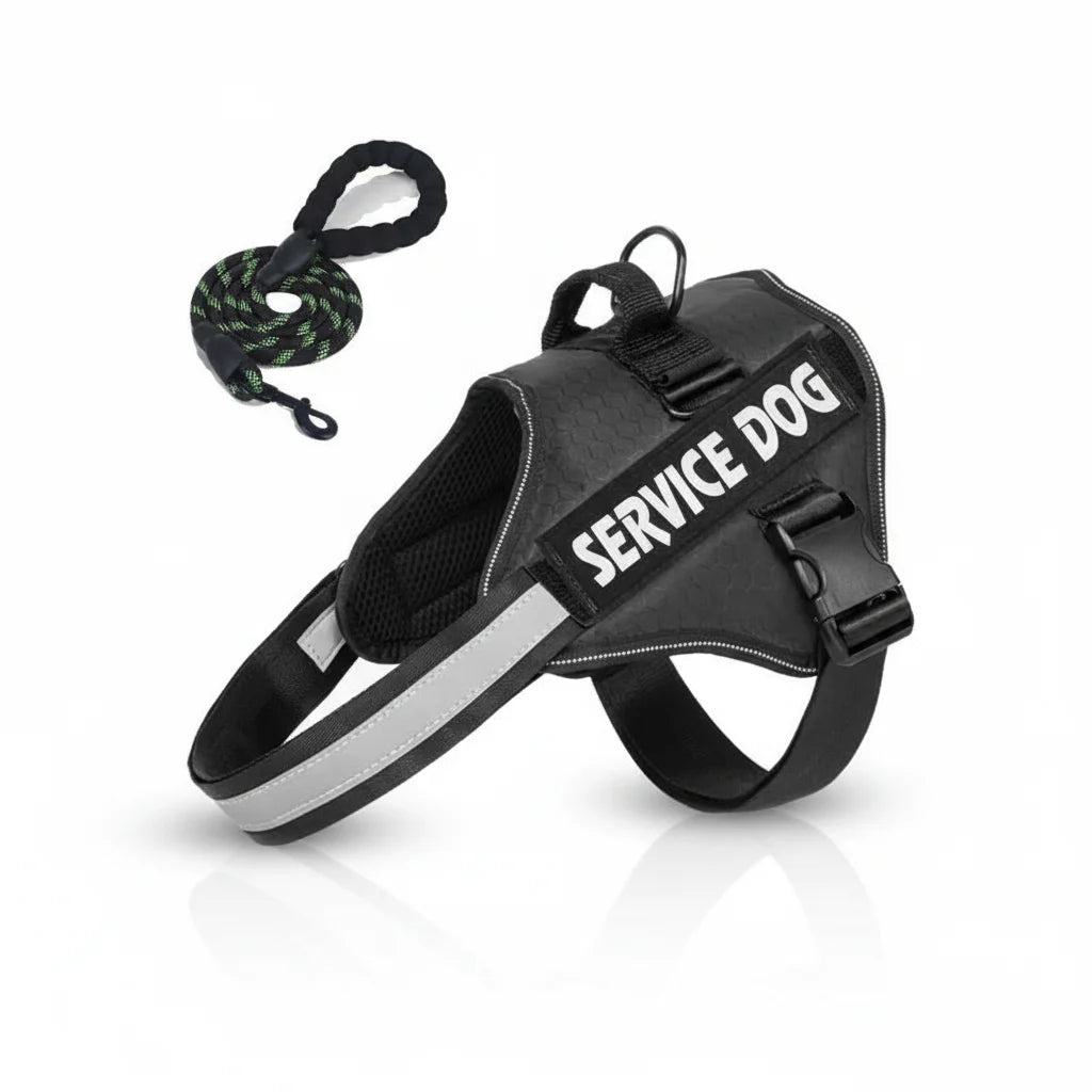Adjustable reflective dog harness & matching leash, ideal for service pets