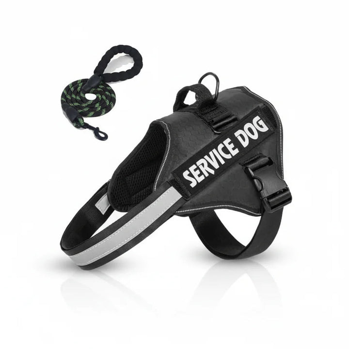 Adjustable reflective dog harness & matching leash, ideal for service pets