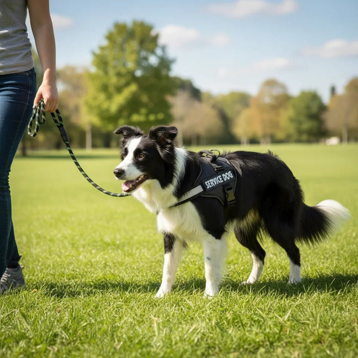Close-up of reflective stitching on black dog harness with "SERVICE DOG" patch