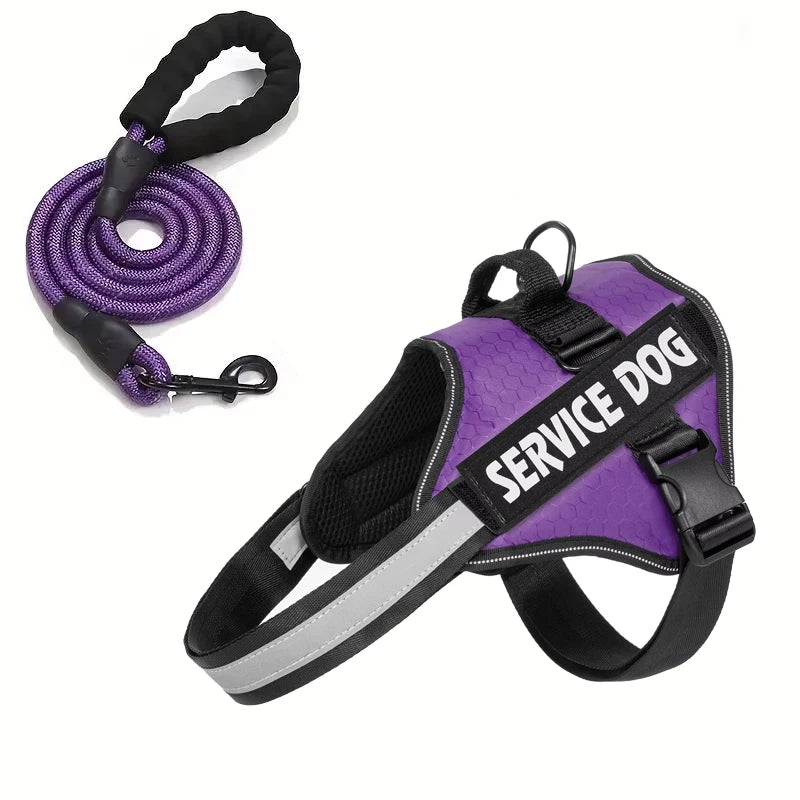 Black reflective dog harness with functional service vest and strong leash