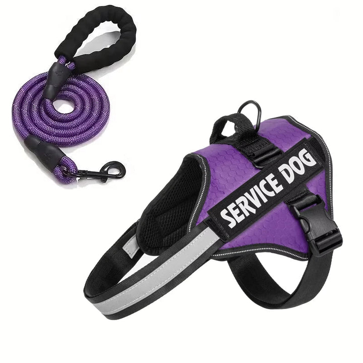 Black reflective dog harness with functional service vest and strong leash