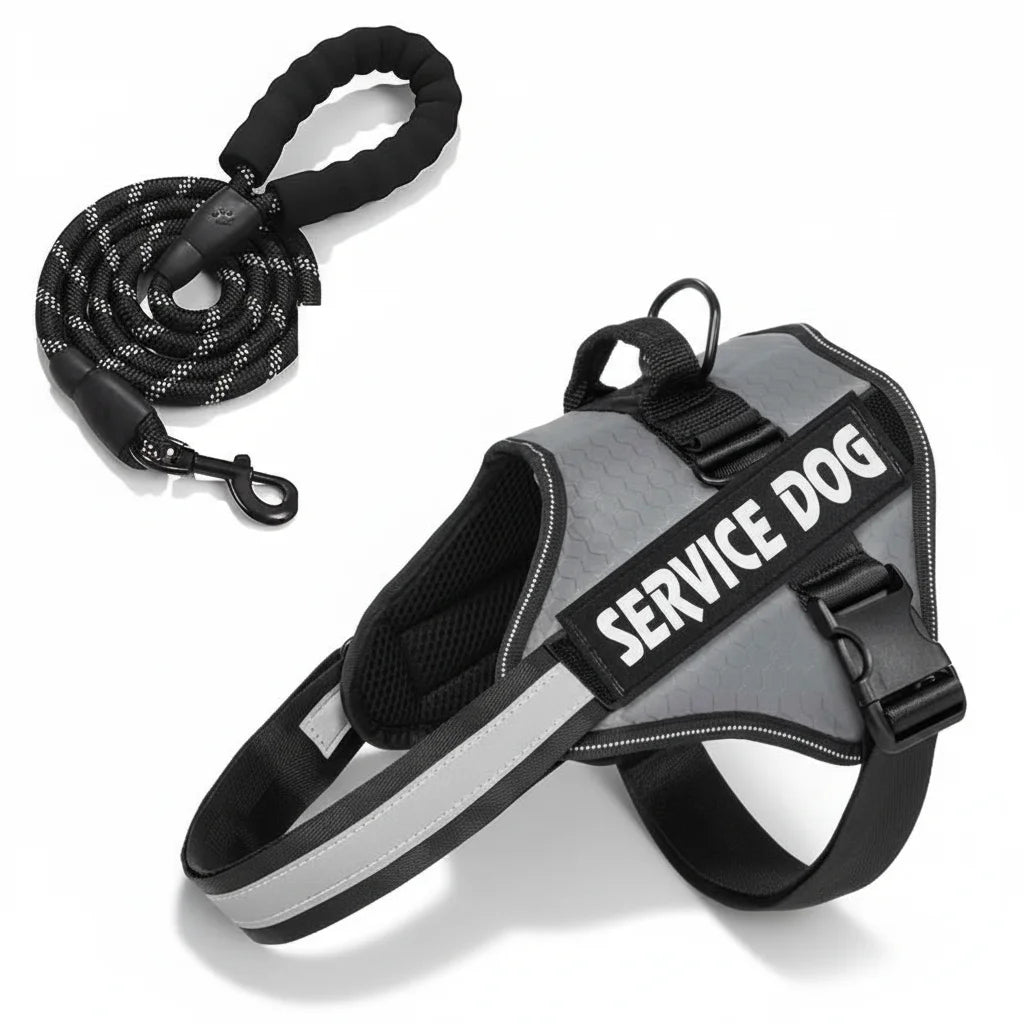 Front view of a service dog wearing an adjustable reflective harness and leash
