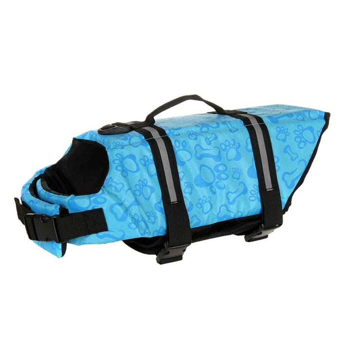 Close-up of secure buckles and adjustable straps on a dog life jacket, ensuring a snug fit for swimming.