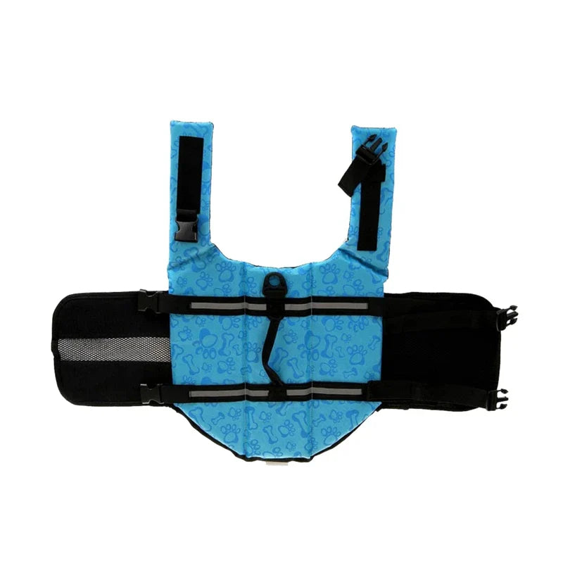 Dog wearing a reflective pet swim vest, ready for water activities, showcasing its breathable design.