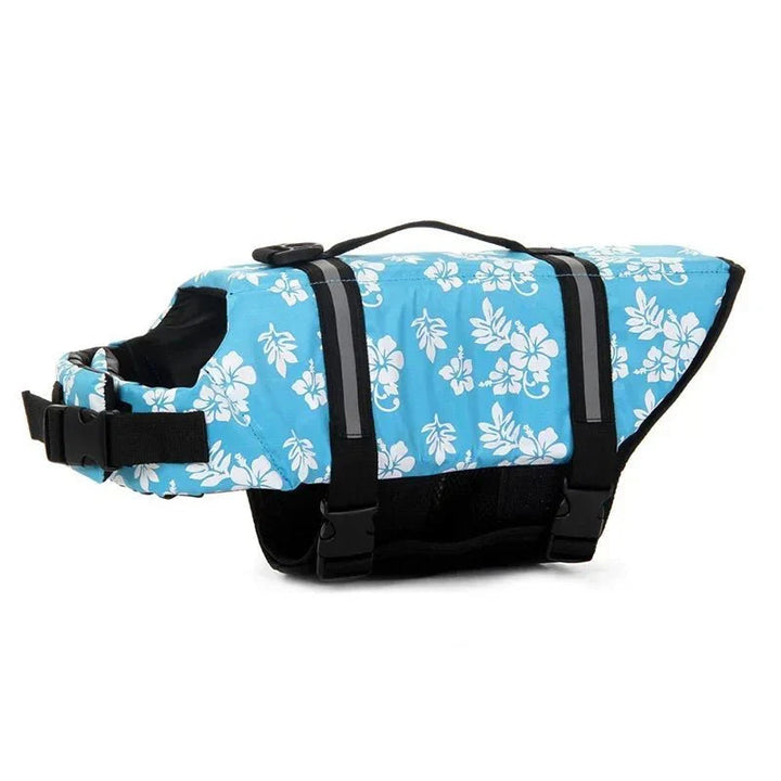 Various sizes of reflective dog swim vests, all with adjustable straps and rescue handles