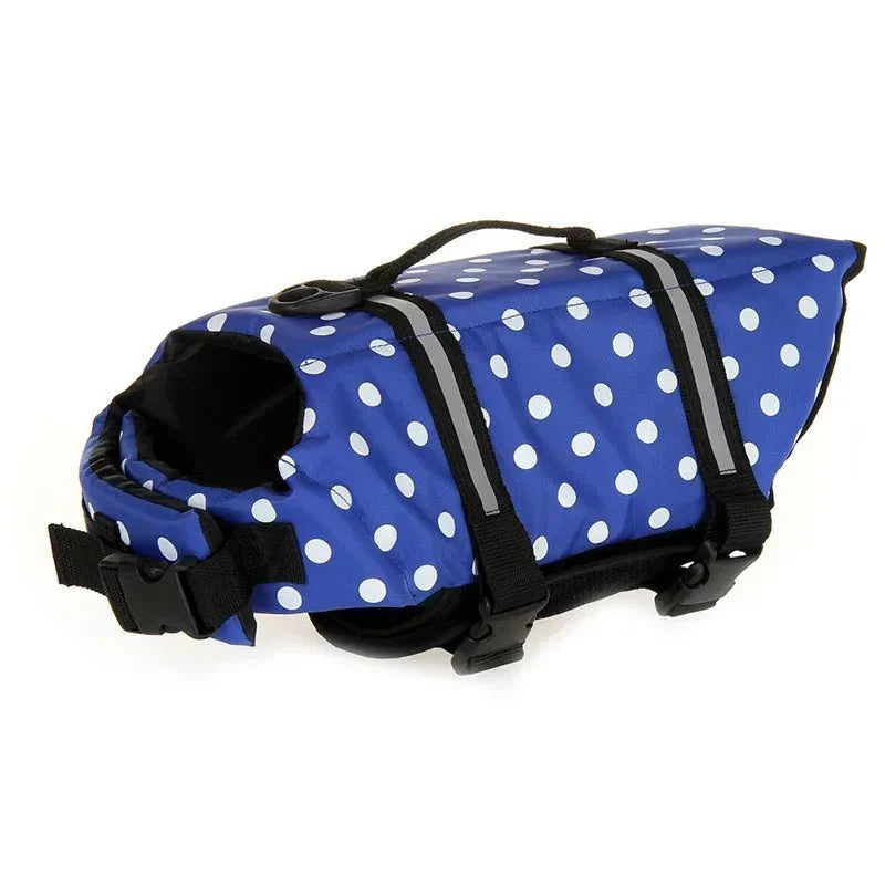 Package shot of a reflective dog swim vest, showcasing its pet safety features