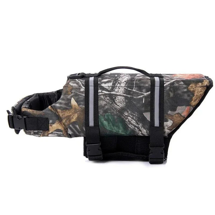 Back view of a dog swim vest highlighting the sturdy rescue handle and reflective elements